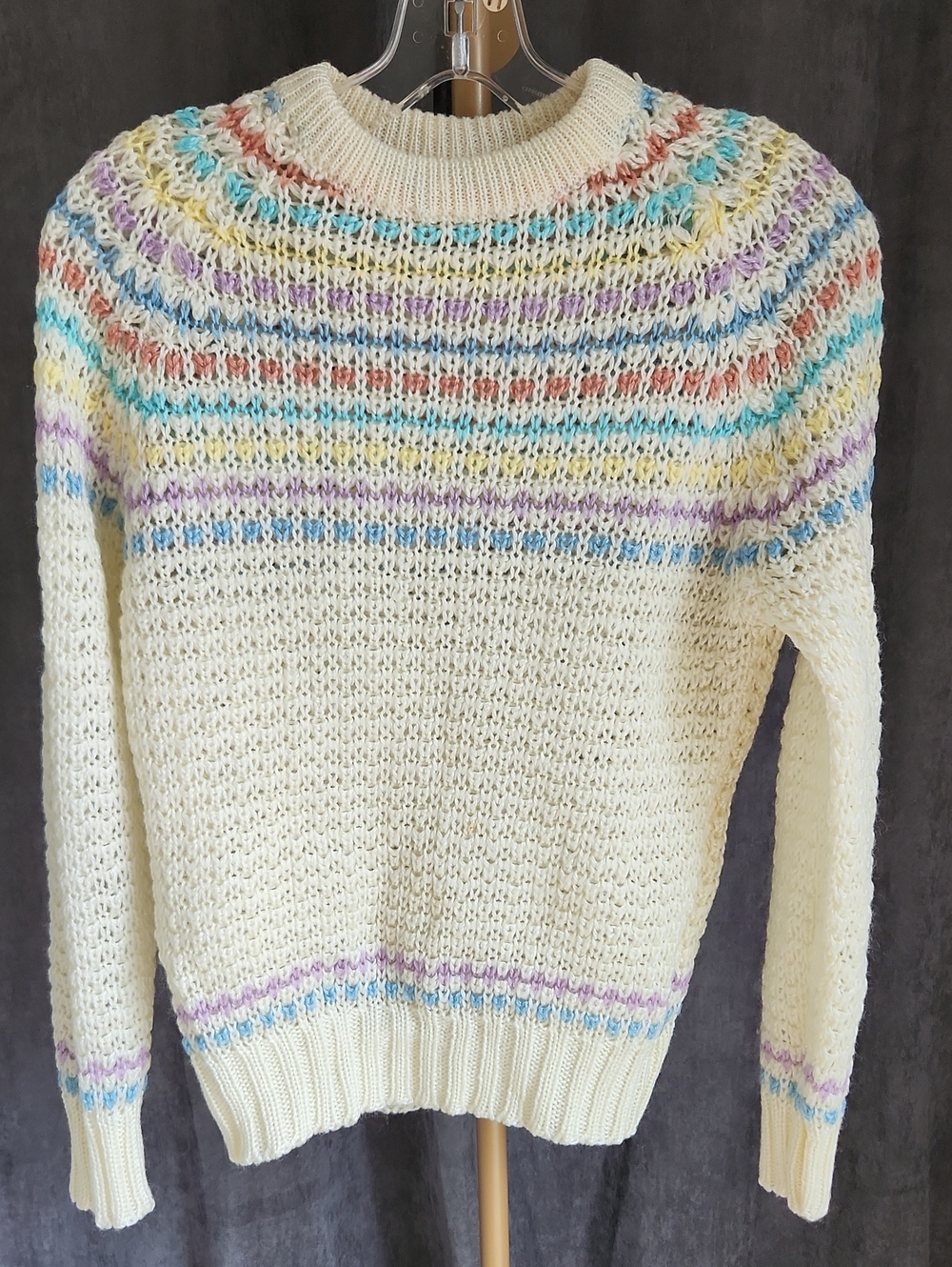 Vintahe Homemade Cream Open-Knit Sweater with Pastel Stripe Yoke